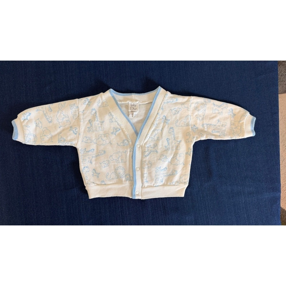 Baby Dior Cardigan 6-9M Blue White Safari Animal Print Vintage Designer Classic